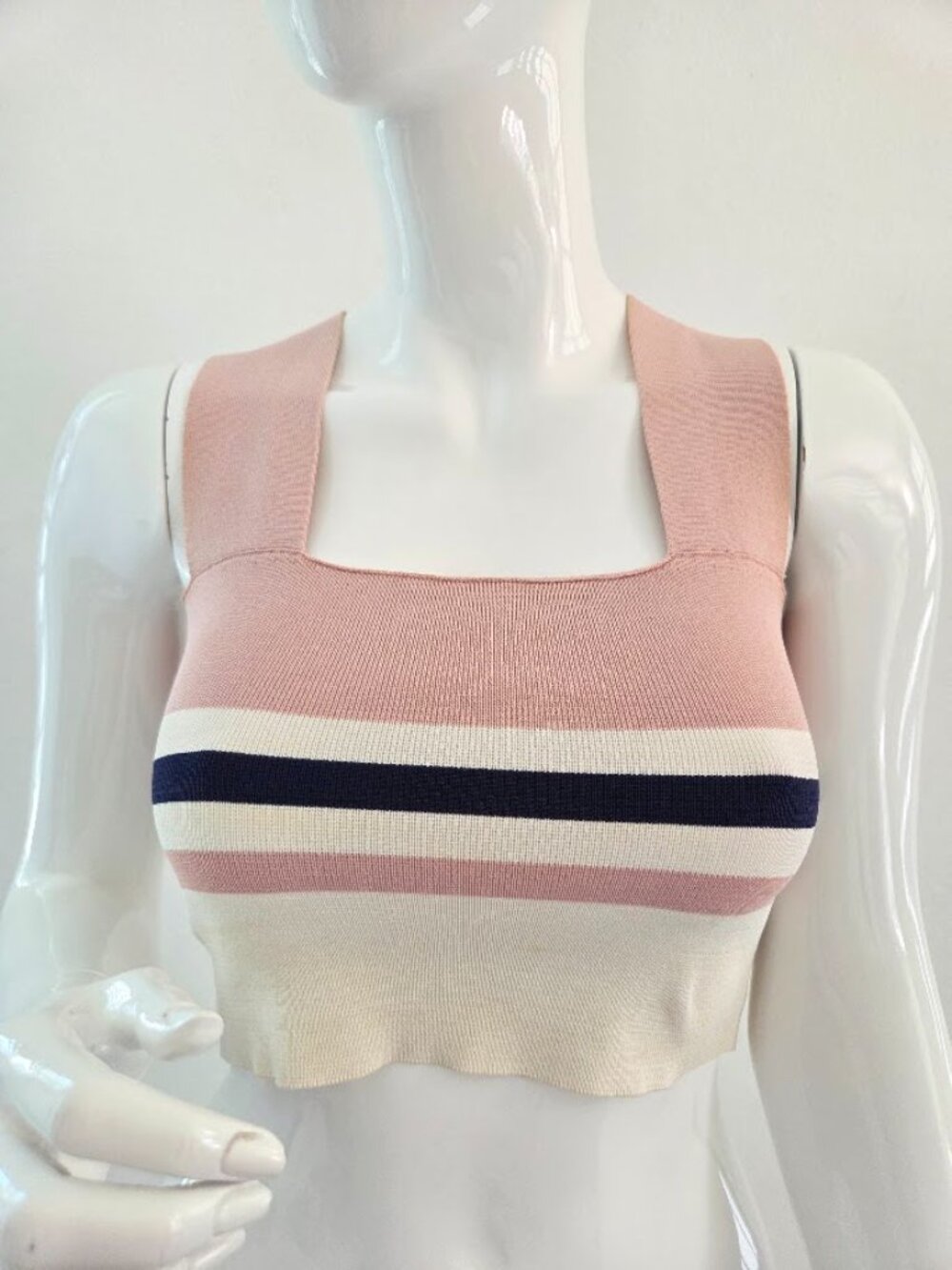 Pink Cream Navy Striped Knit Square Neck Crop Tank Top Size XS - Picture 13 of 16